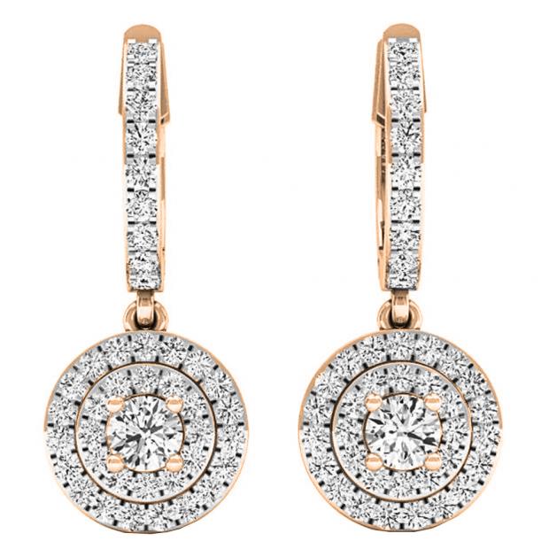 1.00 Carat (ctw) 14K Rose Gold Round White Diamond Ladies Halo Style Dangling Earrings 1 CT
