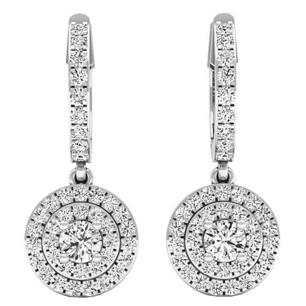 1.00 Carat (ctw) 14K White Gold Round White Diamond Ladies Halo Style Dangling Earrings 1 CT