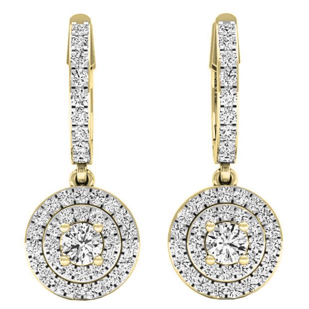 1.00 Carat (ctw) 14K Yellow Gold Round White Diamond Ladies Halo Style Dangling Earrings 1 CT