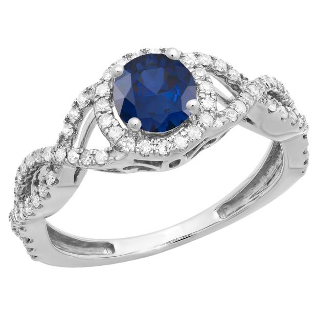 14K White Gold 6 MM Round Blue Sapphire & Diamond Ladies Swirl Split Shank Halo Engagement Ring