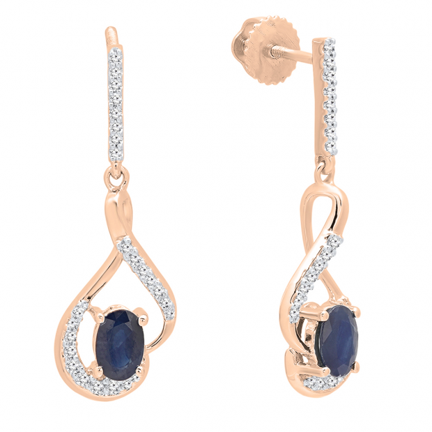 10K Rose Gold 6X4 MM Oval Blue Sapphire & Round White Diamond Ladies Dangling Earrings
