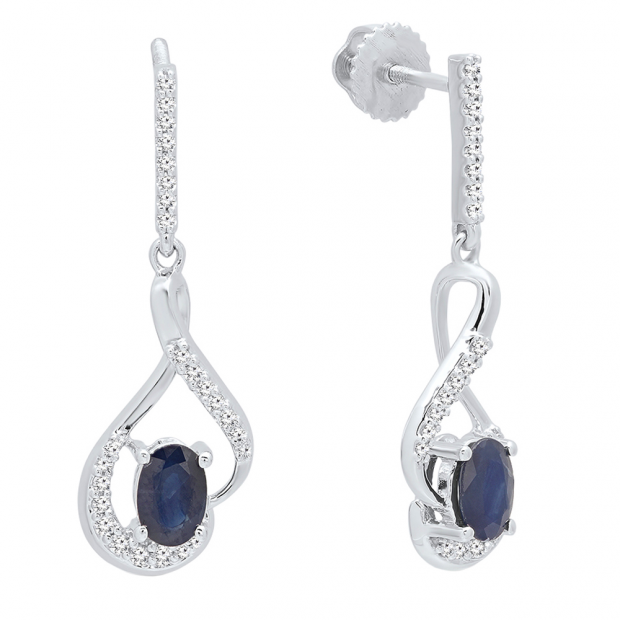 10K White Gold 6X4 MM Oval Blue Sapphire & Round White Diamond Ladies Dangling Earrings