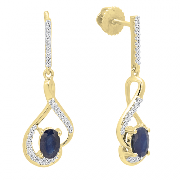 10K Yellow Gold 6X4 MM Oval Blue Sapphire & Round White Diamond Ladies Dangling Earrings
