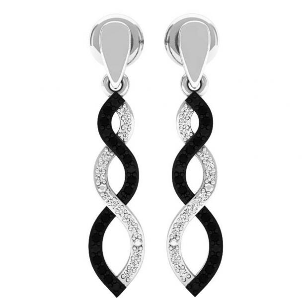 0.15 Carat (Ctw) Sterling Silver Round Black & White Diamond Ladies Infinity Swirl Dangling Earrings
