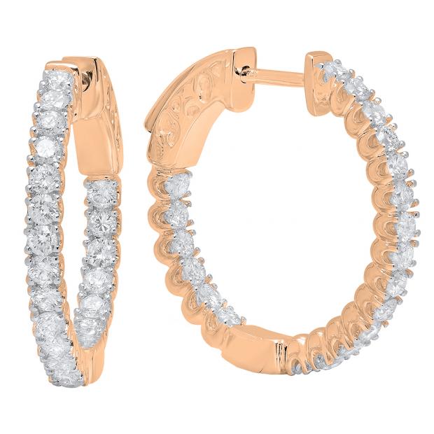 1.20 Carat (ctw) 10K Rose Gold Round White Diamond Ladies Fine In And Out Hoop Earrings 1 1/4 CT