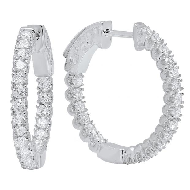 1.20 Carat (ctw) 10K White Gold Round White Diamond Ladies Fine In And Out Hoop Earrings 1 1/4 CT