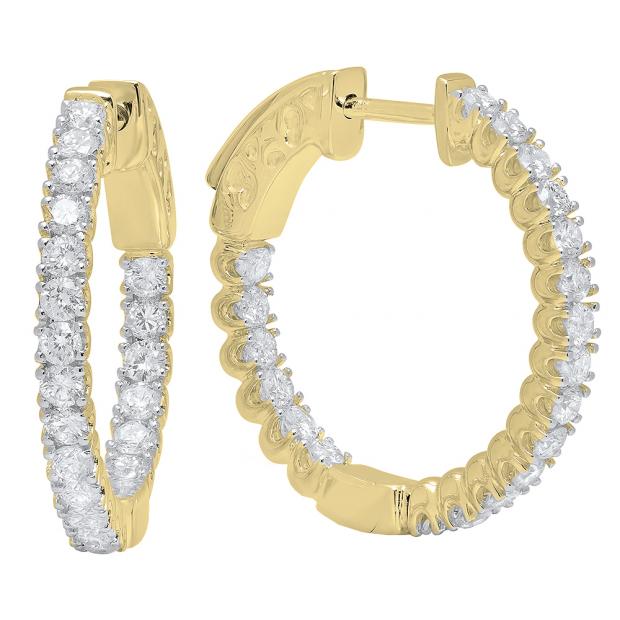 1.20 Carat (ctw) 10K Yellow Gold Round White Diamond Ladies Fine In And Out Hoop Earrings 1 1/4 CT