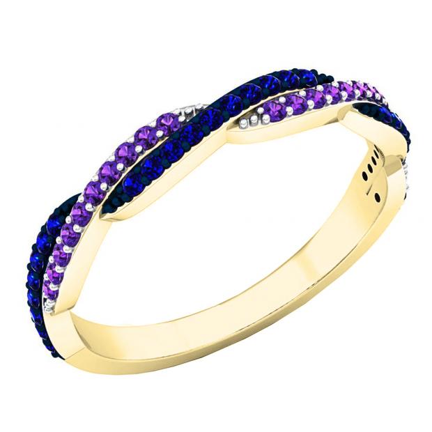14K Yellow Gold Round Amethyst & Blue Sapphire Ladies Anniversary Wedding Swirl Stackable Band