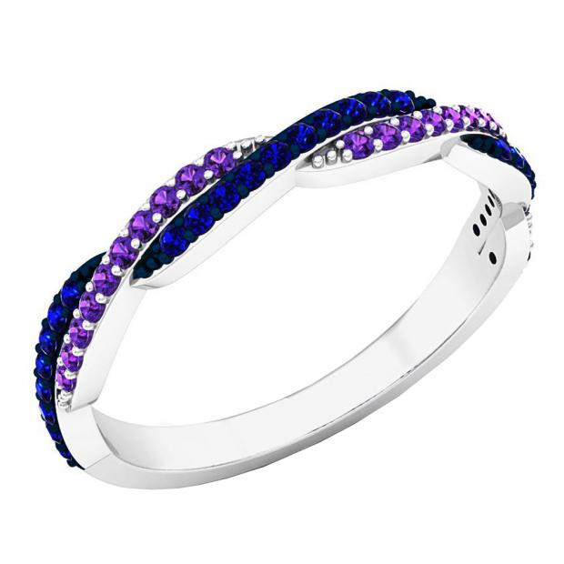 18K White Gold Round Amethyst & Blue Sapphire Ladies Anniversary Wedding Swirl Stackable Band