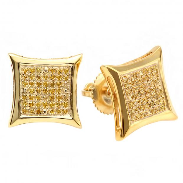0.20 Carat (ctw) Round Yellow Diamond Mens Stud Earrings 18K Yellow Gold