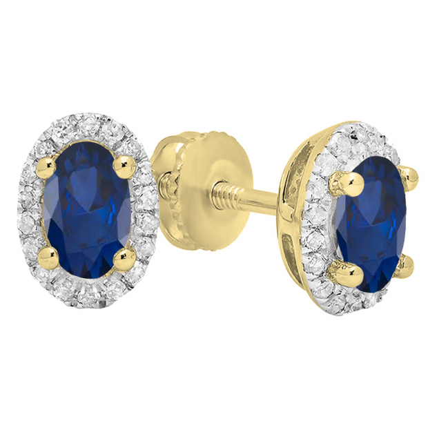 10K Yellow Gold 7X5 MM Each Oval Blue Sapphire & Round White Diamond Ladies Halo Stud Earrings