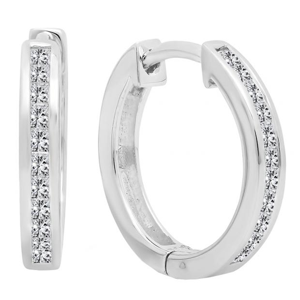 0.28 Carat (ctw) 14K White Gold Princess White Diamond Huggie Hoop Earrings 1/4 CT