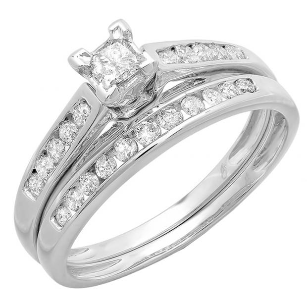 0.55 Carat (ctw) 10K White Gold Princess & Round Diamond Ladies Engagement Wedding Ring Set
