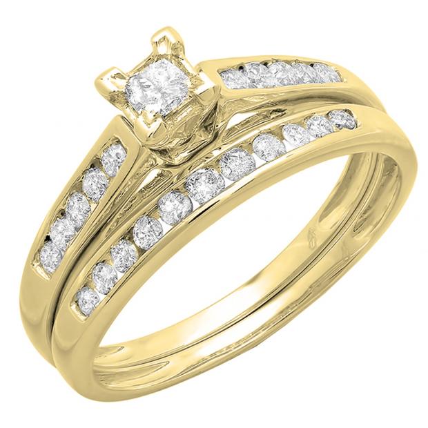 0.55 Carat (ctw) 14K Yellow Gold Princess & Round Diamond Ladies Engagement Wedding Ring Set