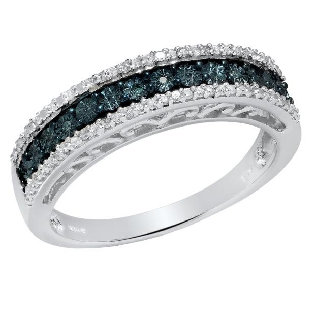 0.10 Carat (ctw) Sterling Silver Round Blue & White Diamond Ladies Wedding Stackable Band 1/10 CT