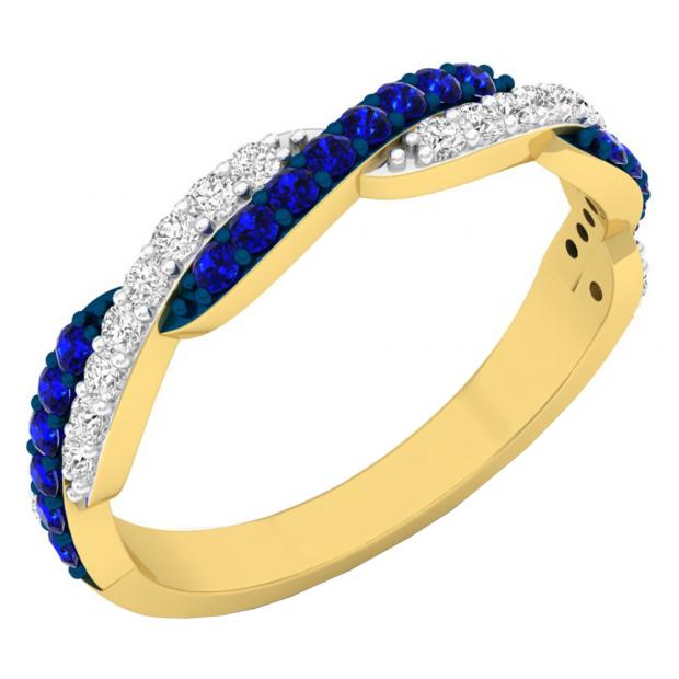 14K Yellow Gold Round Blue Sapphire & White Diamond Ladies Wedding Swirl Stackable Band