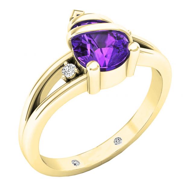10K Yellow Gold 8X6 MM Pear Amethyst & Round White Diamond Ladies Engagement Ring