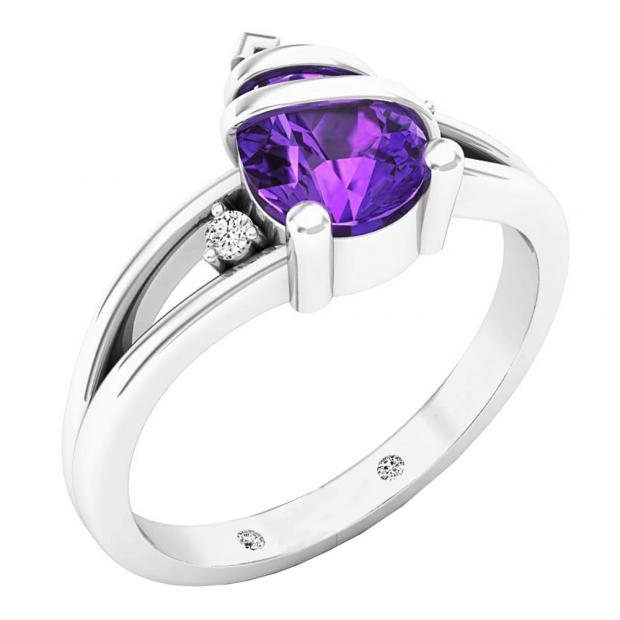 14K White Gold 8X6 MM Pear Amethyst & Round White Diamond Ladies Engagement Ring