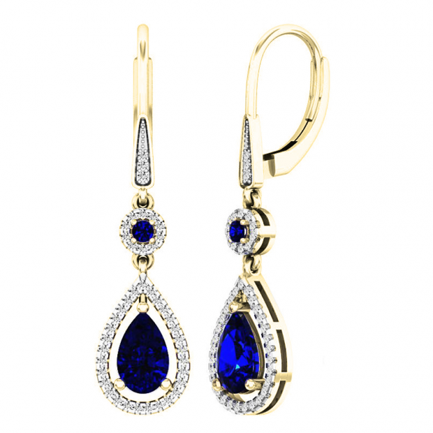 10K Yellow Gold 8X5 MM Each Round & Pear Blue Sapphire & Round Diamond Ladies Dangling Drop Earrings