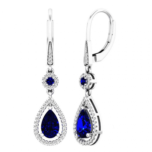 14K White Gold 8X5 MM Each Round & Pear Blue Sapphire & Round Diamond Ladies Dangling Drop Earrings