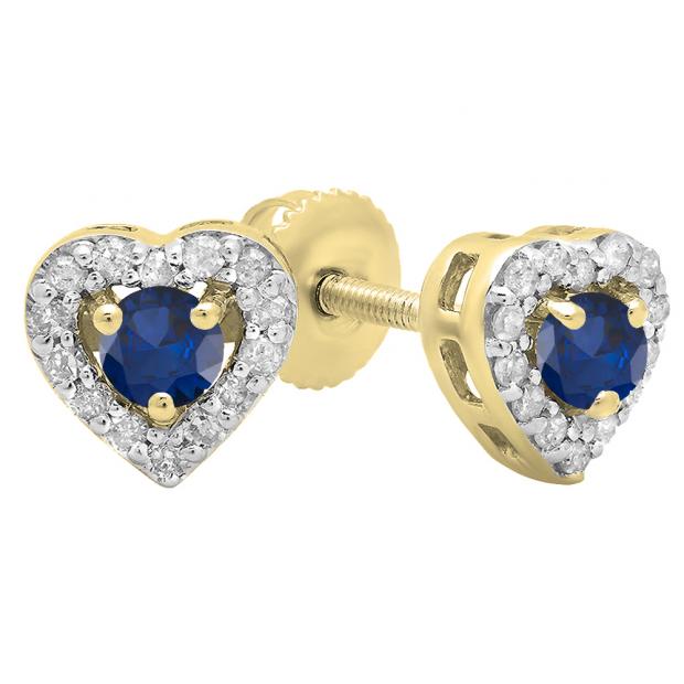 18K Yellow Gold 5 MM Each Round Blue Sapphire & White Diamond Ladies Halo Stud Earrings
