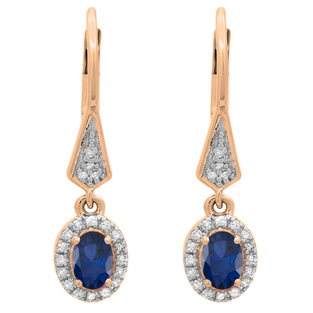 14K Rose Gold 6X4 MM Each Oval Blue Sapphire & Round Diamond Ladies Halo Dangling Drop Earrings