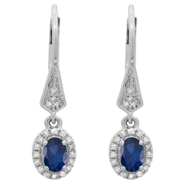 14K White Gold 6X4 MM Each Oval Blue Sapphire & Round Diamond Ladies Halo Dangling Drop Earrings