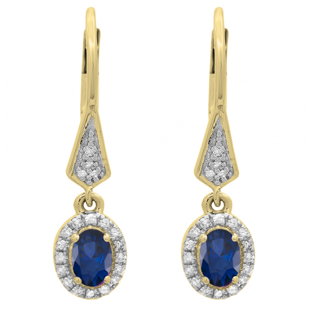 14K Yellow Gold 6X4 MM Each Oval Blue Sapphire & Round Diamond Ladies Halo Dangling Drop Earrings