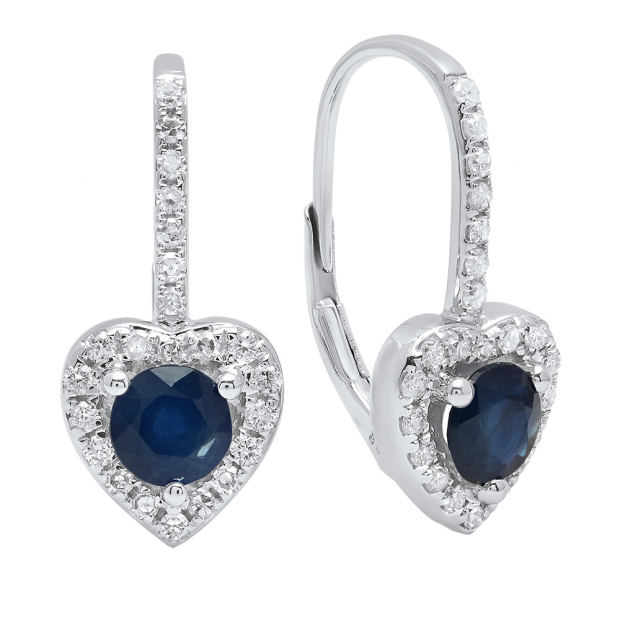 18K White Gold Each 5 MM Round Blue Sapphire & White Diamond Ladies Heart Halo Style Drop Earrings