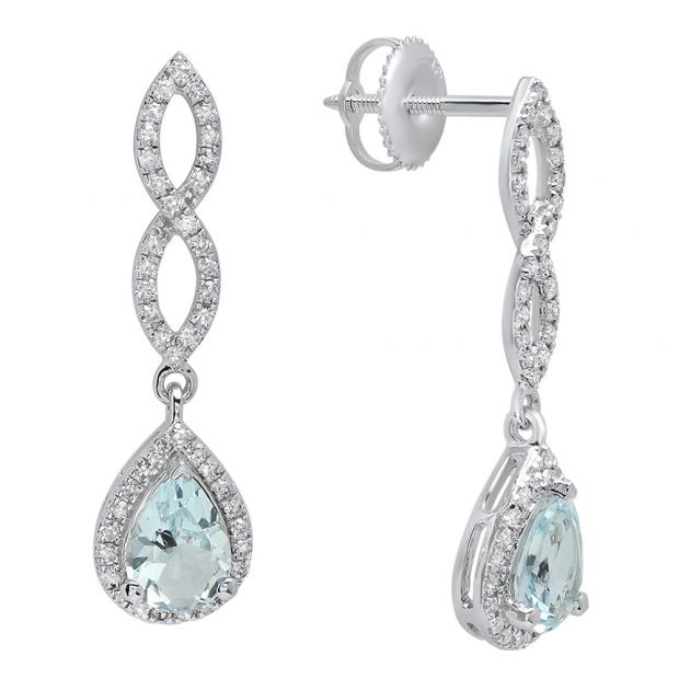 10K White Gold 7X5 MM Each Pear Aquamarine & Round Diamond Ladies Infinity Dangling Drop Earrings
