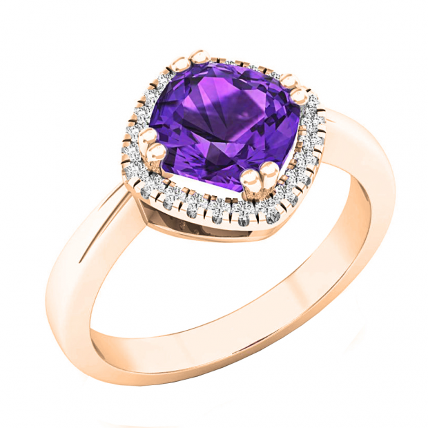 10K Rose Gold 7 MM Cushion Amethyst & Round White Diamond Ladies Bridal Halo Engagement Ring