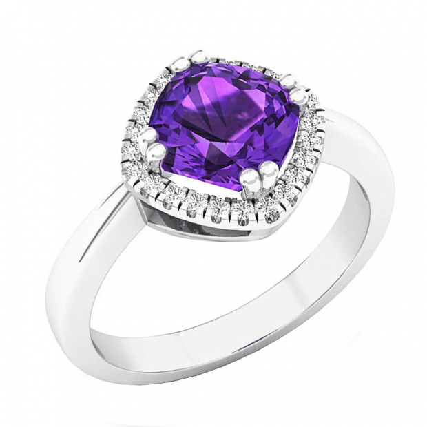 10K White Gold 7 MM Cushion Amethyst & Round White Diamond Ladies Bridal Halo Engagement Ring