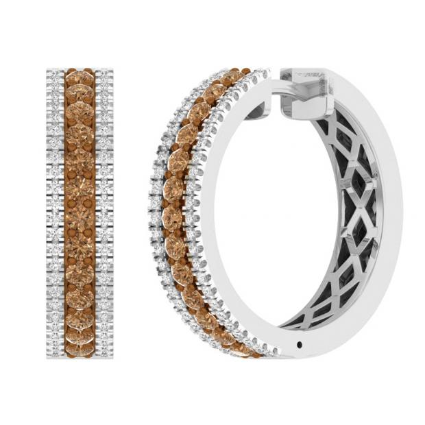 1.05 Carat (ctw) 10K White Gold Round Champagne & White Diamond Ladies Huggies Hoop Earrings 1 CT