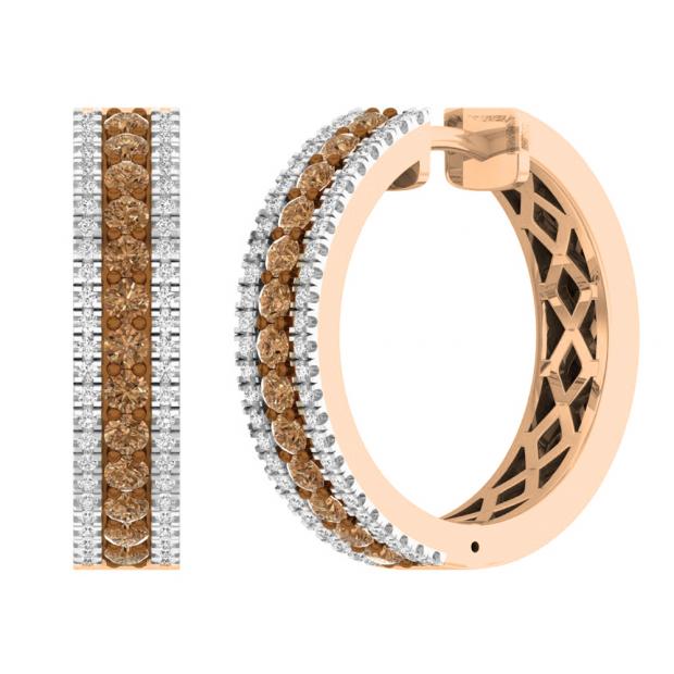 1.05 Carat (ctw) 14K Rose Gold Round Champagne & White Diamond Ladies Huggies Hoop Earrings 1 CT