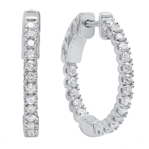 0.70 Carat (Ctw) 10K White Gold Round White Diamond Ladies Hoop Earrings 3/4 CT