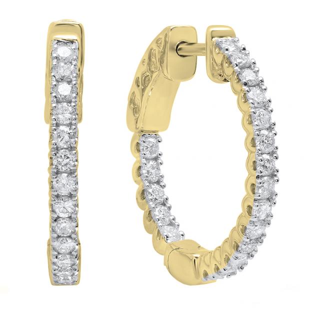 0.70 Carat (Ctw) 10K Yellow Gold Round White Diamond Ladies Hoop Earrings 3/4 CT