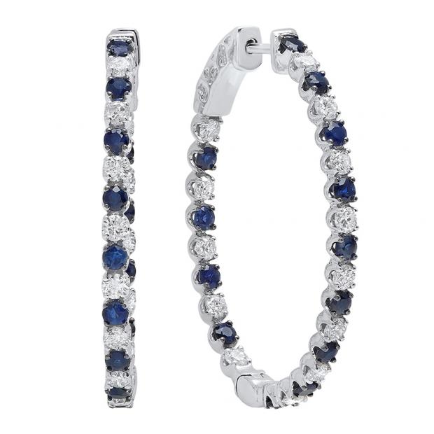 10K White Gold Round Blue Sapphire & White Diamond Ladies Hoop Earrings