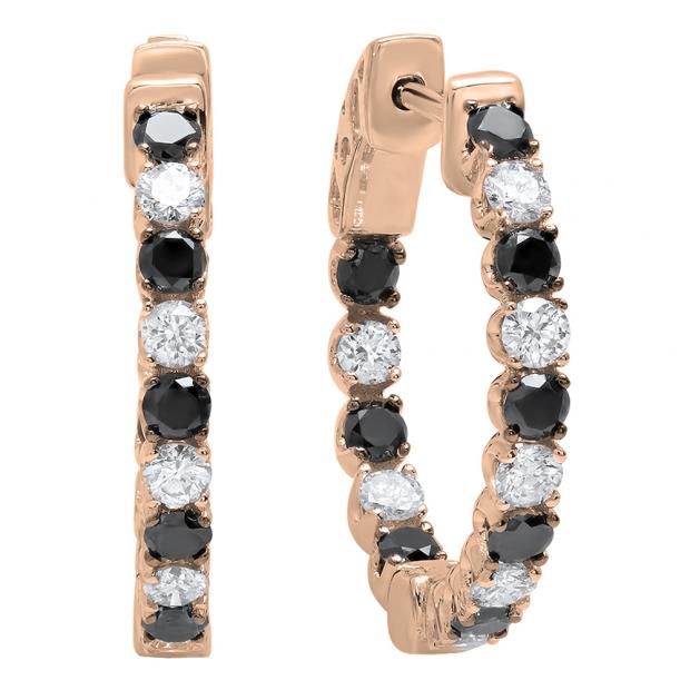 1.30 Carat (Ctw) 10K Rose Gold Round Black & White Diamond Ladies Hoop Earrings