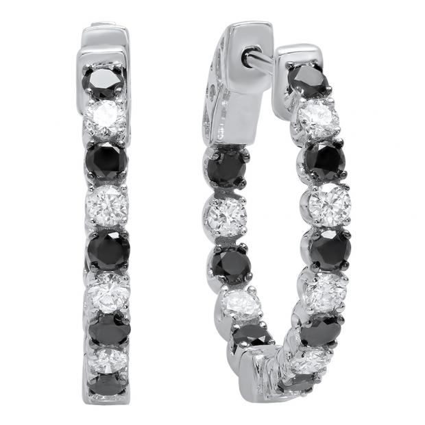 1.30 Carat (Ctw) 10K White Gold Round Black & White Diamond Ladies Hoop Earrings