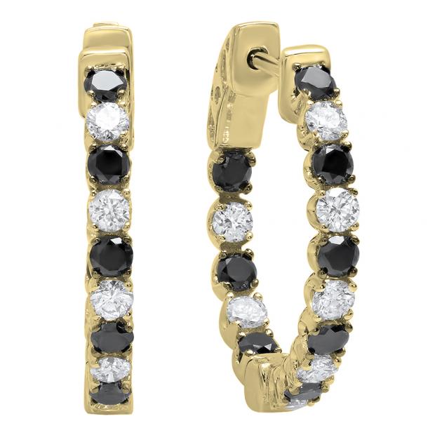 1.30 Carat (Ctw) 10K Yellow Gold Round Black & White Diamond Ladies Hoop Earrings