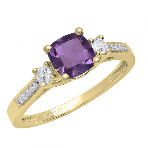 10K Yellow Gold 6 MM Cushion Amethyst And Round White Sapphire & Diamond Ladies Engagement Ring