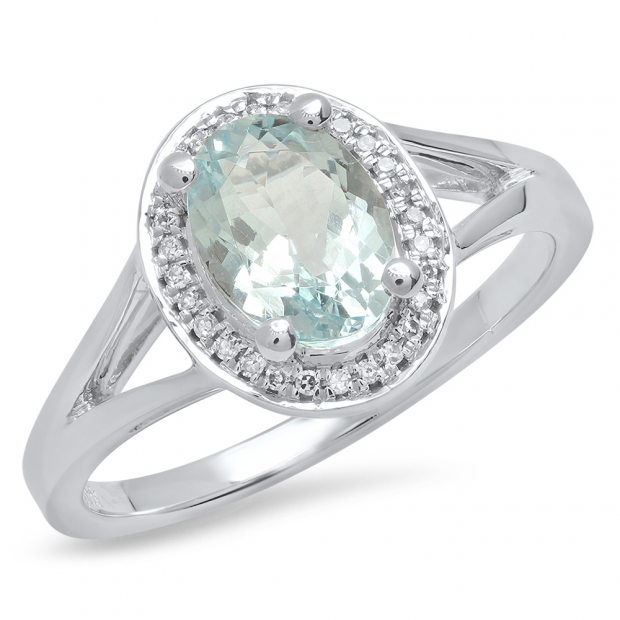 10K White Gold 8X6 MM Oval Aquamarine & Round White Diamond Halo Style Bridal Engagement Ring