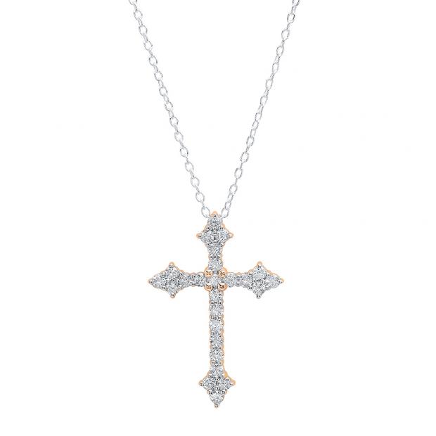 0.87 Carat (ctw) 10K Rose Gold Round Diamond Ladies Cross Pendant (Silver Chain Included)