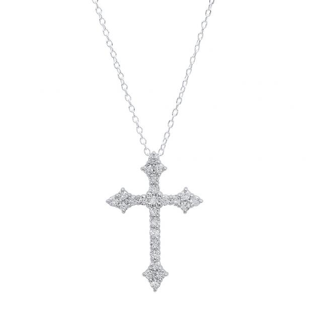 0.87 Carat (ctw) 10K White Gold Round Diamond Ladies Cross Pendant (Silver Chain Included)