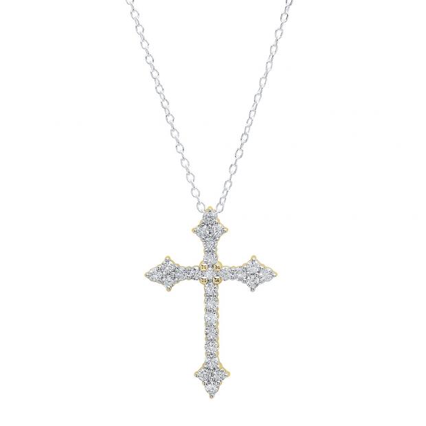 0.87 Carat (ctw) 10K Yellow Gold Round Diamond Ladies Cross Pendant (Silver Chain Included)