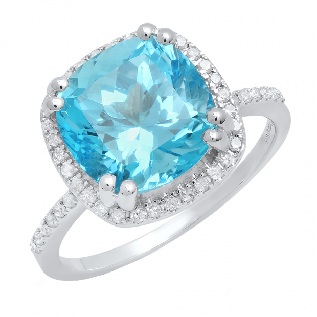 10K White Gold 10 MM Cushion Blue Topaz & Round White Diamond Ladies Bridal Halo Engagement Ring
