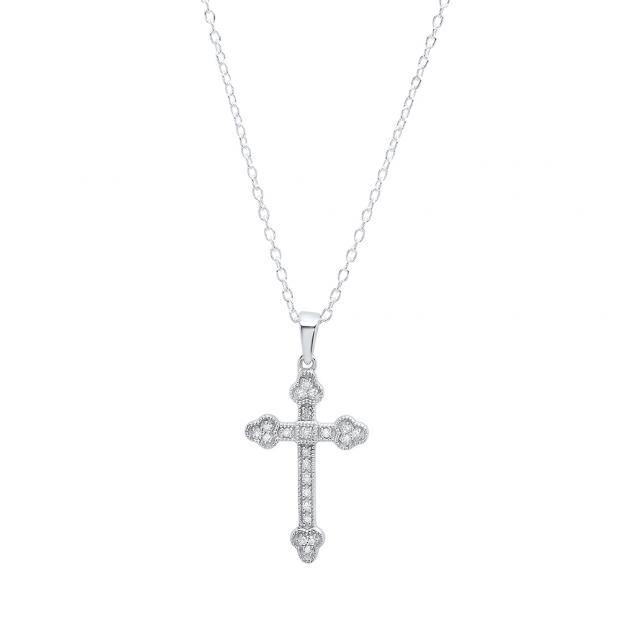 0.10 Carat (ctw) Sterling Silver Round White Diamond Ladies Cross Pendant 1/10 CT (Silver Chain Included)