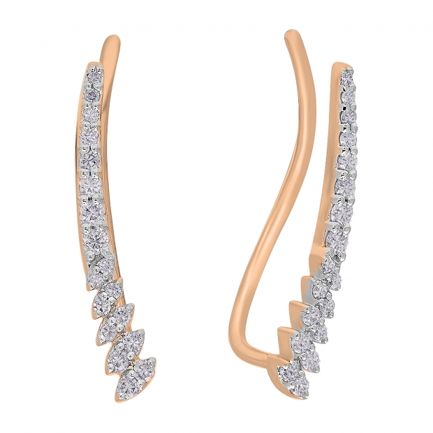 0.13 Carat (ctw) 18K Rose Gold Round White Diamond Ladies Curved Bar Ear Climber Earrings