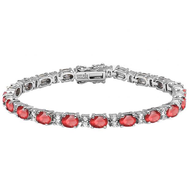 Sterling Silver 6X4 MM Each Oval Ruby & Round White Topaz Ladies Tennis Bracelet