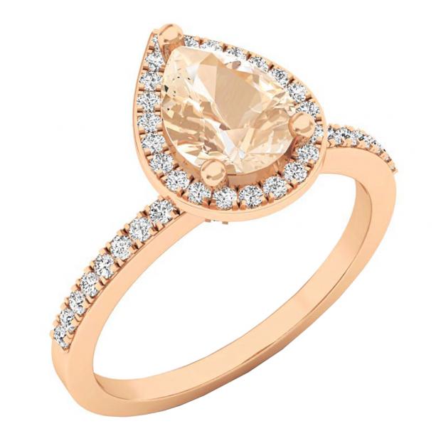 10K Rose Gold 8X6 MM Pear Morganite & Round White Diamond Ladies Halo Engagement Ring